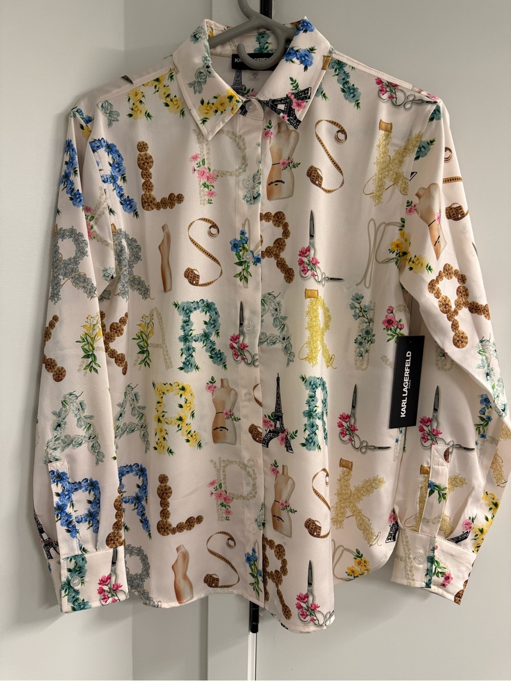 Karl Lagerfeld Women's Cream Floral Logo Button-Up blouse